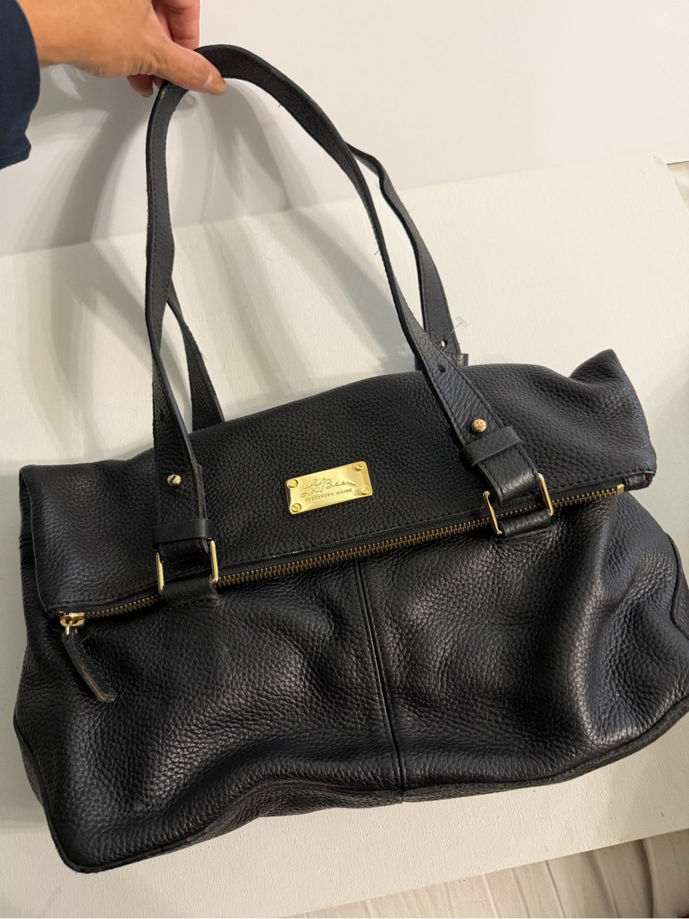 L L Bean Black Pebbled Leather Shoulder Tote East West